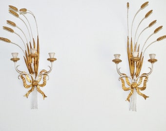 Pair of Vintage Italian Regency Antiqued off White & Gold Iron Tole Wheat Sheaf Bow Candle Wall Sconces, circa 1950s