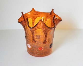 Venetian Orange Millefiori Silver Foil Ruffled Top Art Glass Handkerchief Vase Secchin Murano Art Venezia made in Italy