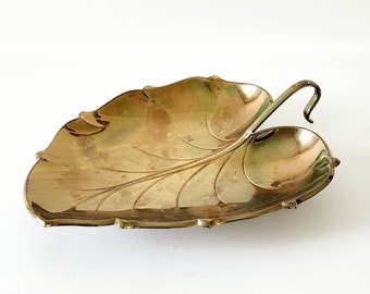 Vintage Brass Leaf Shaped Footed Bowl with Handle Made in Germany