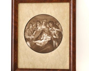 Vintage Framed Religious Lithograph of Madonna of the Pomegranate after Painting by Sandro Botticelli