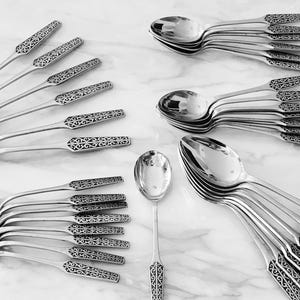 Vintage Mid Century Modern Stanley Roberts Stainless Steel Flatware Black Textured Scrolls Japan, Set of 35