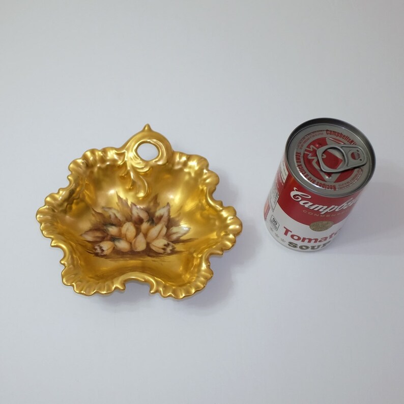 Antique French Fine Porcelain Ceramic Nut Dish 22k Gold Gilded Hand Painted Almonds Over a