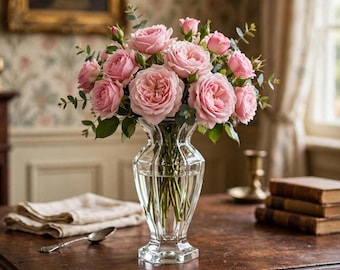Peut inclure: Un vase en verre transparent au design cannelé et facetté contient un grand bouquet de roses rose tendre et de tiges d'eucalyptus vertes. Le vase présente un bord large et festonné ainsi qu'une base robuste à plusieurs côtés.