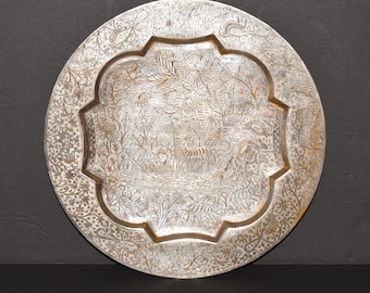 Vintage Islamic Silvered Brass Round Tray with Recessed Medallion