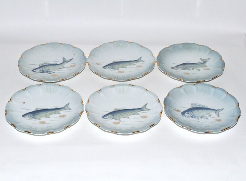 Antique French Porcelain Fish Scalloped Plates with Blue Fish Etsy