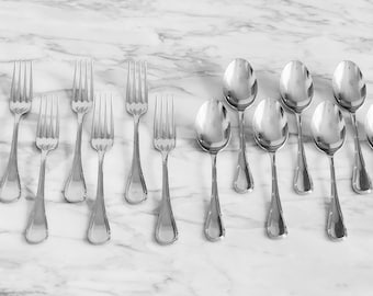 Vintage Christofle Capricorne Pastorale Stainless Steel Flatware Dinner Forks & Place Oval Soup Spoons, Set of 14