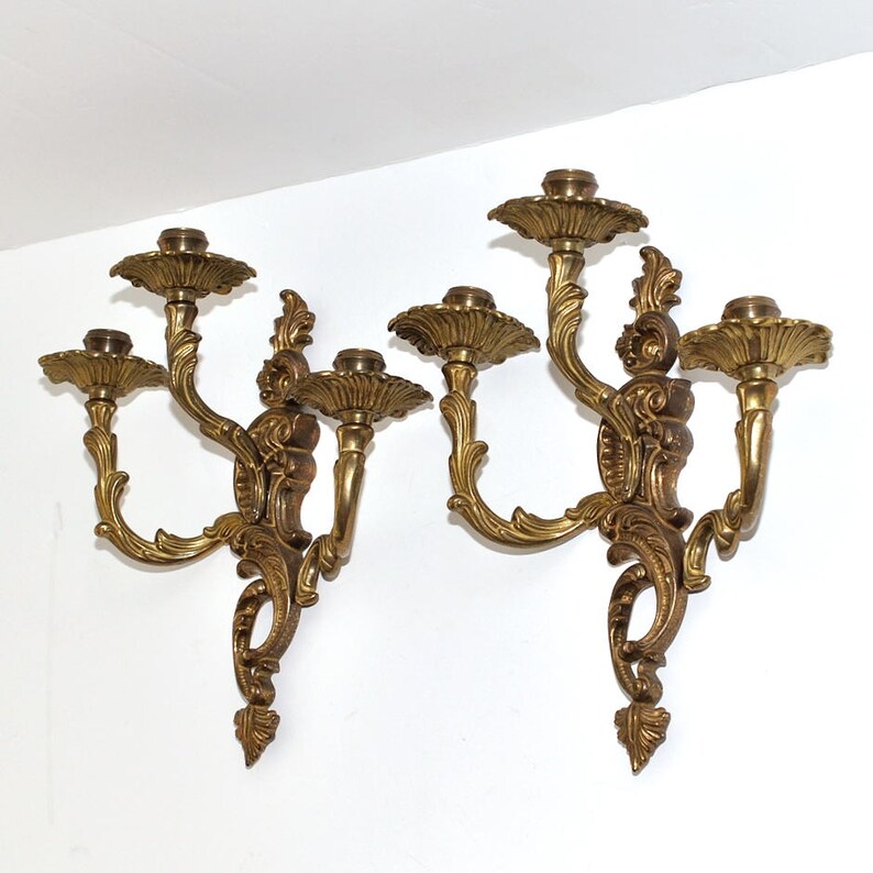 Vintage Louis Xv French Rococo Style Brass Bronze Three Arms Candelabra Wall Sconce Pair