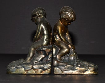 Pompeian Bronze by Master Craftsman P. Beneduce Bookends Little Boy & Fish Fishing Boy Bookends