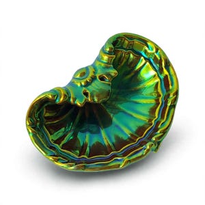 Peut inclure: Un bol d&eacute;coratif en forme de coquillage organique avec une finition iris&eacute;e vibrante qui alterne entre des tons m&eacute;talliques vert, or et bleu profond. La surface pr&eacute;sente des cr&ecirc;tes saillantes et une texture lisse et r&eacute;fl&eacute;chissante.