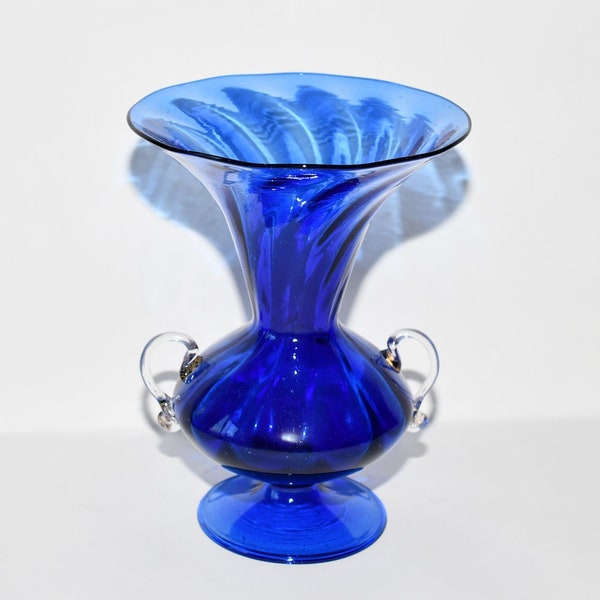 Vintage Murano Glass Cobalt Blue Urn Vase with Embedded Air Bubbles and Applied Handles