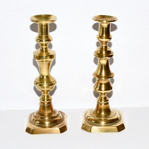 Antique Victorian Brass Candlestick Holders, Pair, Odd Pair, circa 1870s