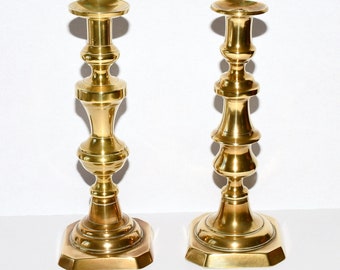Antique Victorian Brass Candlestick Holders, Pair, Odd Pair, circa 1870s
