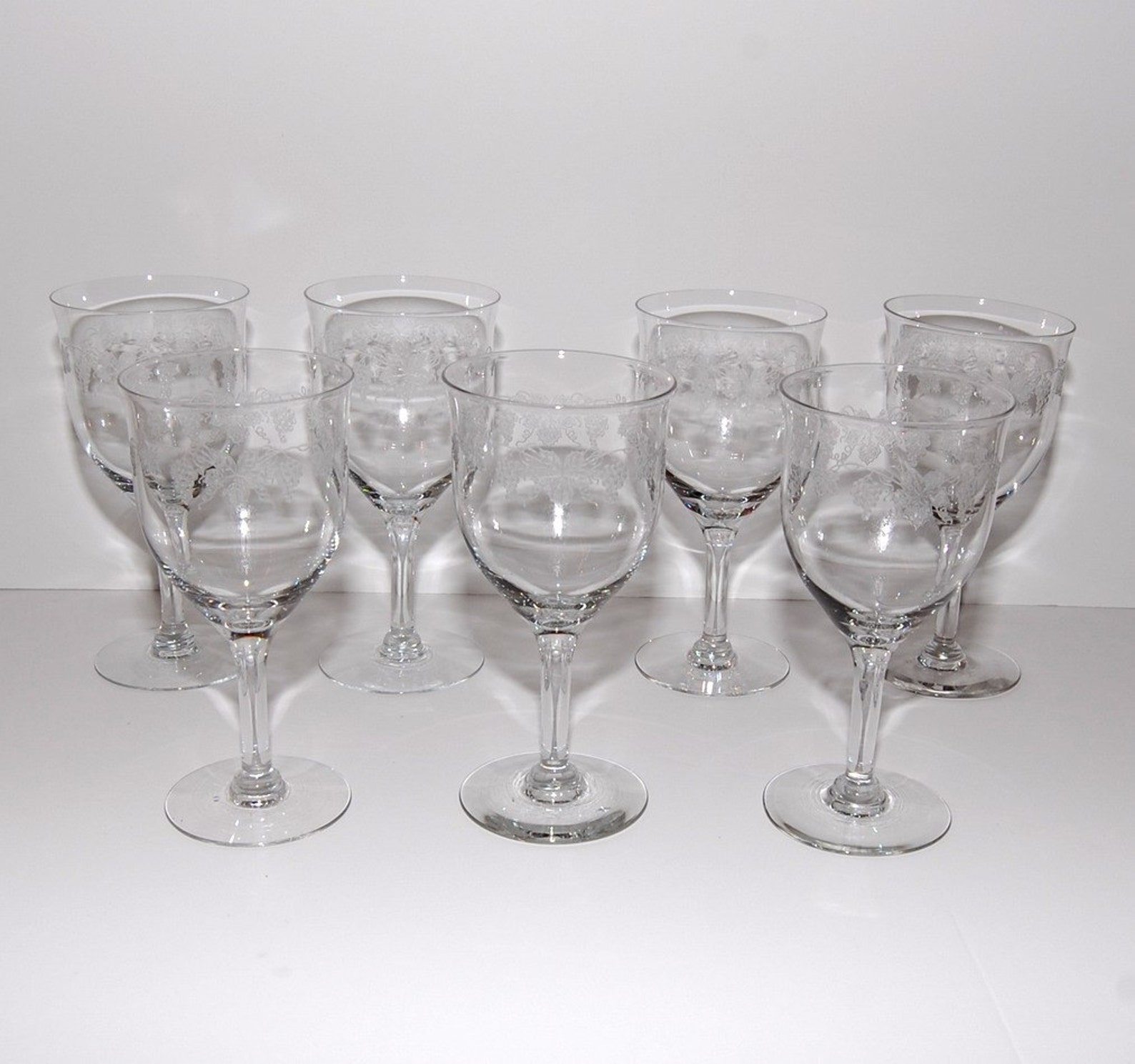 Antique Needle Etched Grapevine Design Glass Goblets Set of 7 Etsy