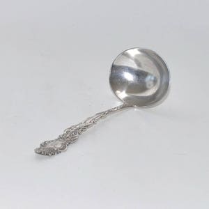 May include: A silver ladle with a round bowl and an ornate handle. The handle features detailed floral and scrollwork designs. The ladle is made of a shiny, reflective metal, likely silver or a silver-toned alloy.