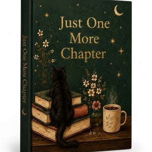 May include: A dark green hardcover book with the gold text Just One More Chapter on the cover and spine. The cover features a black cat sitting on a stack of three books next to a small vase of flowers and a steaming mug of coffee under a night sky.