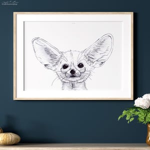 Decorazione murale con volpe Fennec – Illustrazione di animali in bianco e nero disegnata a mano – Stampa minimalista di animali selvatici per l'arredamento del soggiorno o della camera da letto