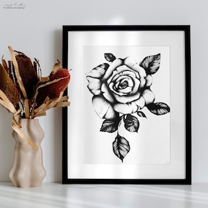 Black and White Rose Wall Art Print – Hand Drawn Floral Line Art – Elegant Rose Botanical Illustration for Minimalist Home Decor – Drawing