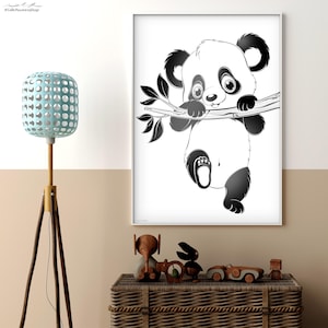 Graziosa stampa murale con panda in bianco e nero – Illustrazione disegnata a mano per la cameretta dei bambini – Decorazione con animali kawaii per la cameretta dei bambini o la sala giochi