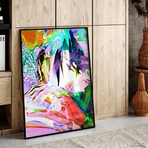 Arte de fan de manga abstracto y colorido – Póster de anime psicodélico con estilo glitch – Impresión digital vibrante de retrato de inspiración japonesa – Ninja Scroll