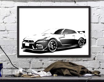 Poster Toile Nissan GT-R Style Grunge Urbain - Impression Artistique Moderne - Blanc