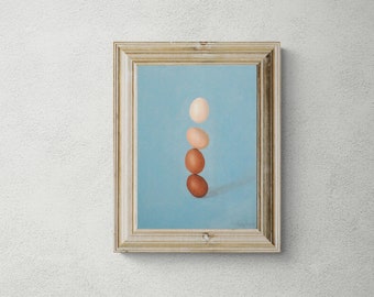 Stacking Eggs Kitchen Art Still Life Painting - Surreal Quirky Artwork Acrylic Original Botanical Wall Art