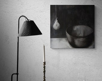 Surreal Pear Still Life Painting in Black & White - Minimal Surrealism Statement Art for Living or Dining Room Abstract Surrealist Art