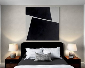 Large Black and White Wall Linear Art Painting Modern Abstract Minimalist Decor Geometric Shapes