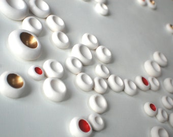 Minimalist Wall Sculpture 3D Dimensional Wall Art Installation in White Gold & Red