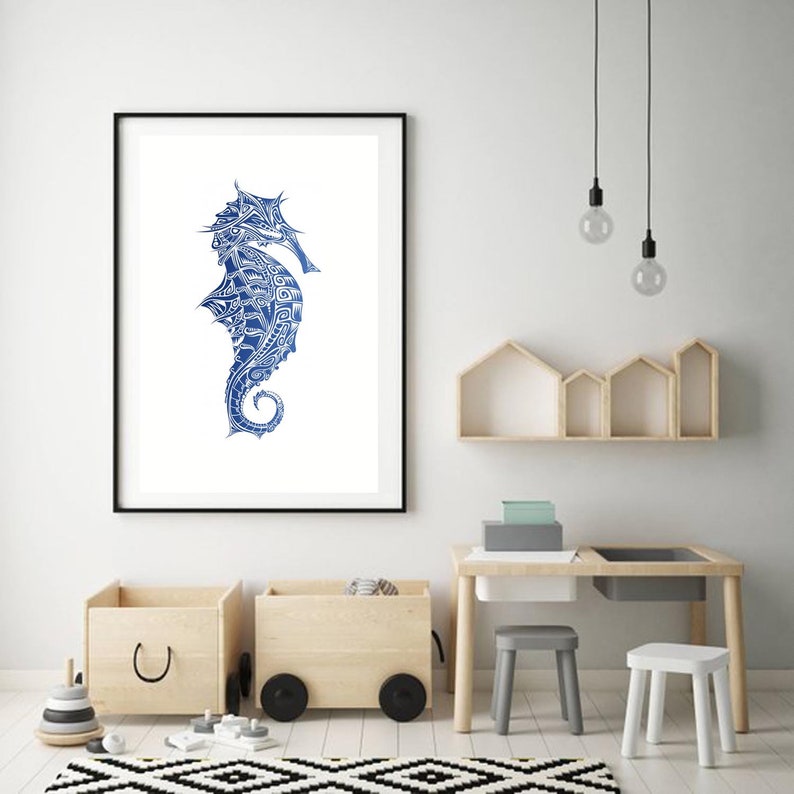 Seahorse Print Blue Nautical Seahorse Wall Art Coastal Decor Etsy