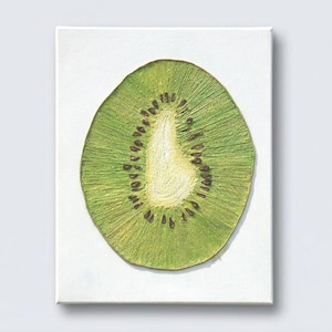 May include: A canvas print depicting a detailed illustration of a kiwi fruit slice. The artwork shows the fruit's green flesh, white centre, and black seeds. The kiwi slice is centred on a white background.