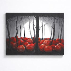 Dipinto surreale di una foresta oscura, mele rosse, arte murale surrealista e fantastica ambientata in un bosco malinconico.