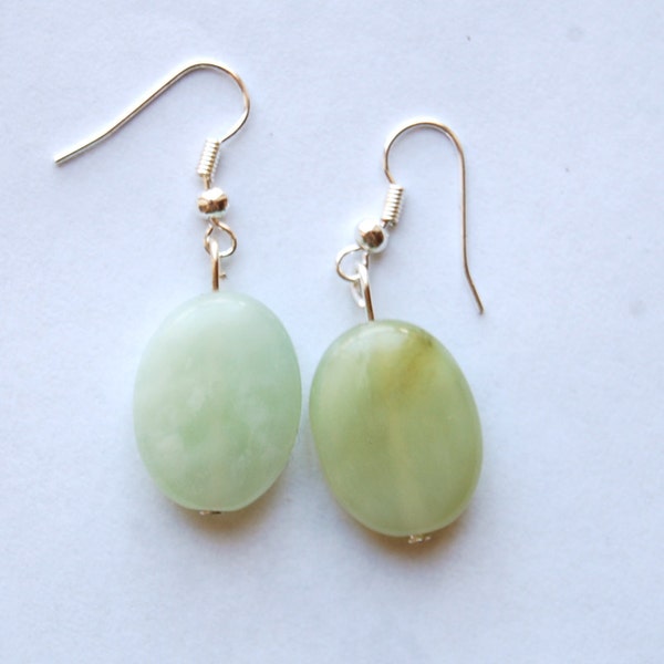 Green Jade Earrings - Natural Stone Oval Shape Mint Green Dangly Earrings