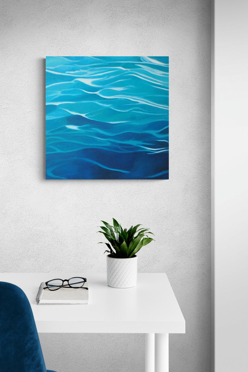 Arte abstracto de agua pintura de agua, decoración de la casa del lago, pintura del océano, pintura del mar, pintura azul, decoración náutica, decoración de la casa de playa imagen 2