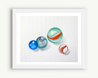 Watercolor Marbles Print - Nursery Art Print, Retro Toy Print, Marbles Print, Games Wall Art; Kids Room Print, Playroom Wall Art