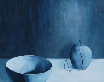 Surrealism Apple & Bowl Painting - Blue Surrealist Wall Art in Minimalist Abstract Style