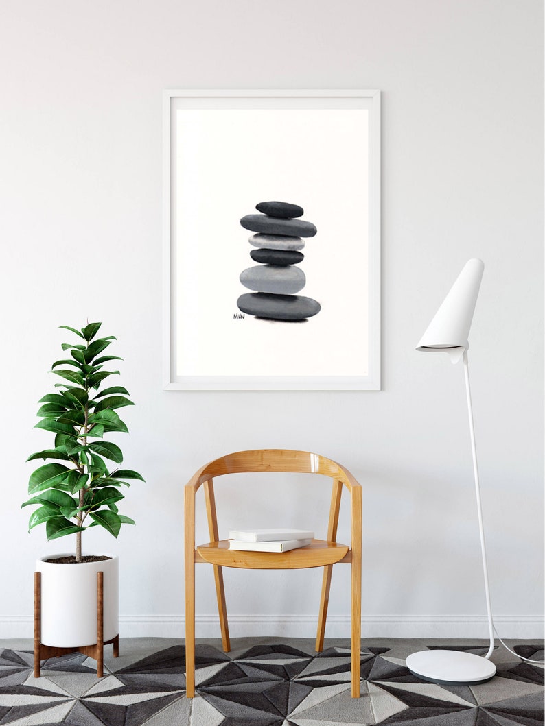 Zen Stones Pebbles Print  Black & White Minimalist Art Modern image 0