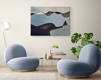 Large Abstract Landscape Painting in Blue and Green with Mountain Peak Calming Zen Wall Art Decor