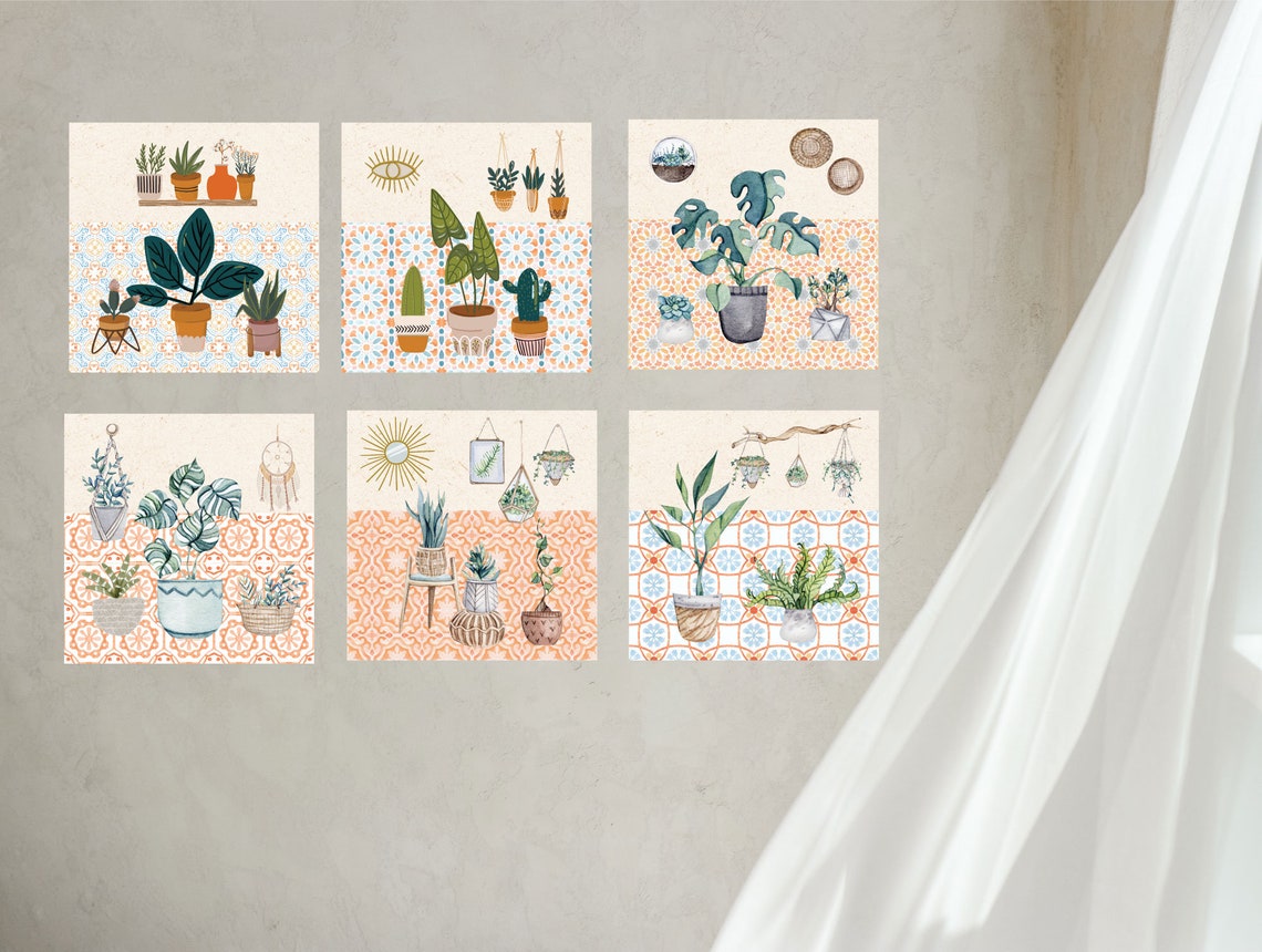 Printable Art Plants Boho Tiles Square Set of 6 - Etsy