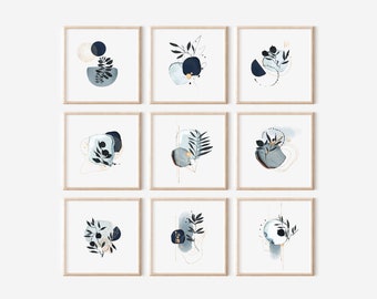 Art Square Floral Botanical Blue Set of 9 Printable