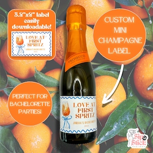 Love at First Spritz Mini Champagne Labels: Bachelorette Party Sticker Labels (Downloadable PDF)