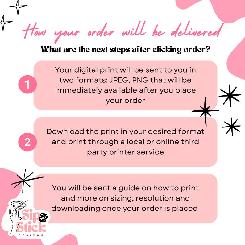 May include: Pink and white graphic with a starburst design. The graphic explains how a digital print order is delivered. The text reads: "How your order will be delivered. What are the next steps after clicking order? 1. Your digital print will be sent to you in two formats: JPEG, PNG that will be immediately available after you place your order. 2. Download the print in your desired format and print through a local or online third party printer service. 3. You will be sent a guide on how to print and more on sizing, resolution and downloading once your order is placed."
