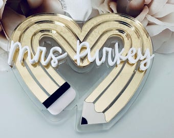 Personalized Teacher Heart Ornament | Pencil Design, Acrylic Keepsake (3" Tall)
