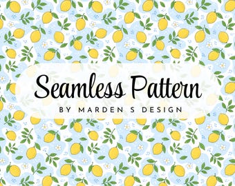 Lemon Digital Paper, Summer Fruit Seamless Pattern, Blue Botanical Background (Digital Download)
