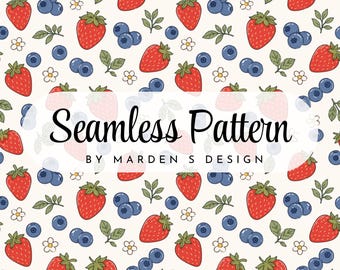 Strawberry Blueberry Digital Paper, Hand-Drawn Fruit Pattern (Digital Download)