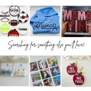 May include: A collection of personalized gifts, including ornaments with names, a blue hoodie with "Mama" and "EST. 2025", sequined "MAMA MINI" letters, bow earrings, photo coasters, and apple-shaped keychains with names.
