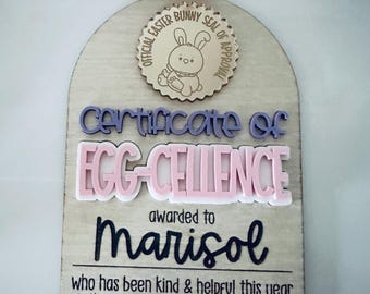Personalized Easter Bunny Award Certificate | Wooden Keepsake Plaque for Kids| Egg-Cellence Award