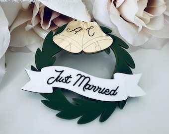 Personalized Just Married Christmas Ornament | Custom Wedding Bells Keepsake (Wood or Acrylic)