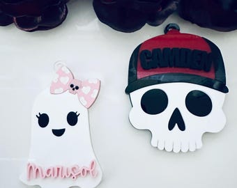 Personalized Halloween Ghost & Skull Name tag for Kids| Halloween Keychain