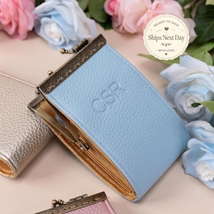 Personalized Card Wallet-Kiss Lock Card Pouch-Clasp Wallet-Travel Leather Wallet-Bridesmaid Gifts-Gift for Her-15 Colors