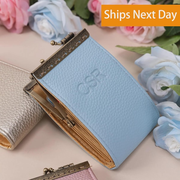 Personalized Card Wallet-Kiss Lock Card Pouch-Clasp Wallet-Travel Leather Wallet-Bridesmaid Gifts-Gift for Her-15 Colors